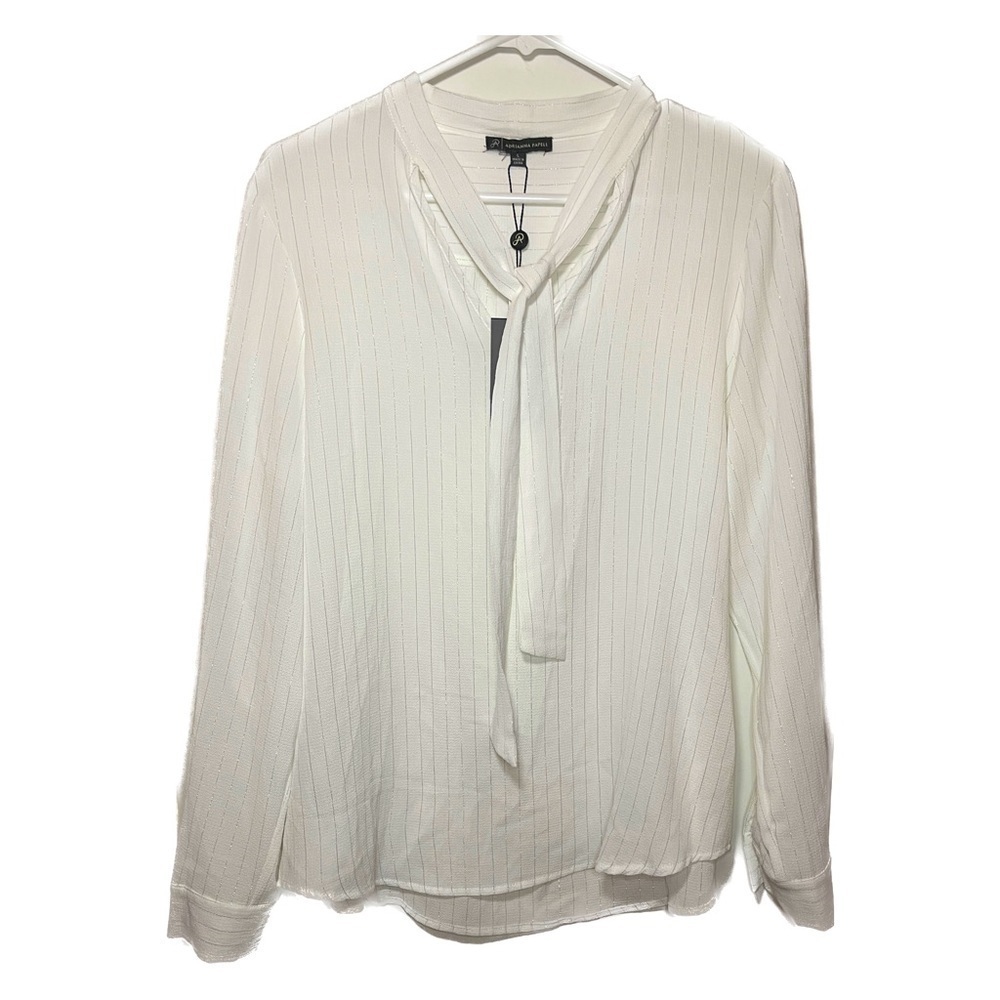 New Adrianna Papel Ivory Tunic Blouse Metallic Silver Pinstripe